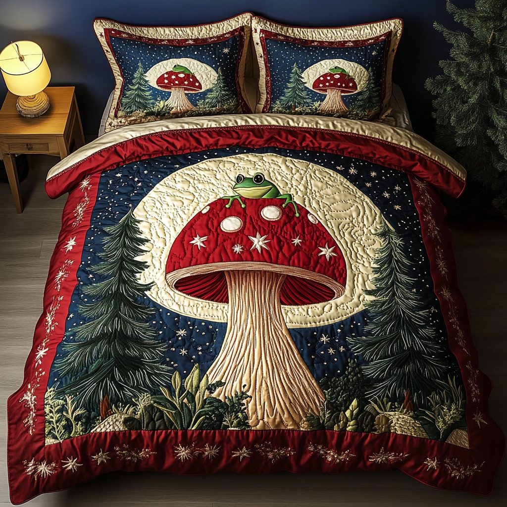 Enchanted Forest quilted 3-piece bedding set on a made bed with two matching pillow shams