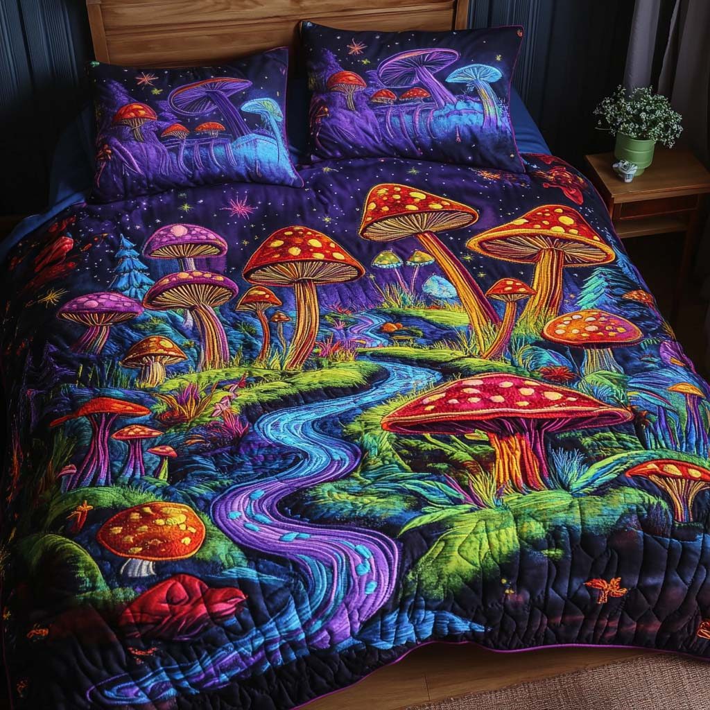 Enchanted Forest quilted 3-piece bedding set on a made bed with two matching pillow shams