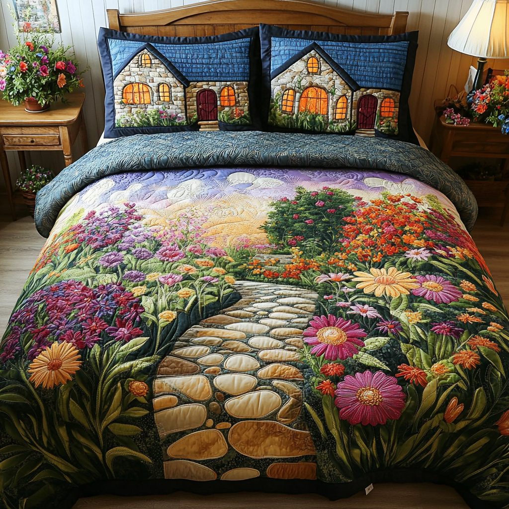 Enchanted Garden quilted 3-piece bedding set on a made bed with two matching pillow shams