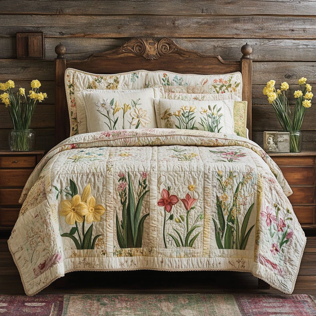 Enchanted Garden quilted 3-piece bedding set on a made bed with two matching pillow shams