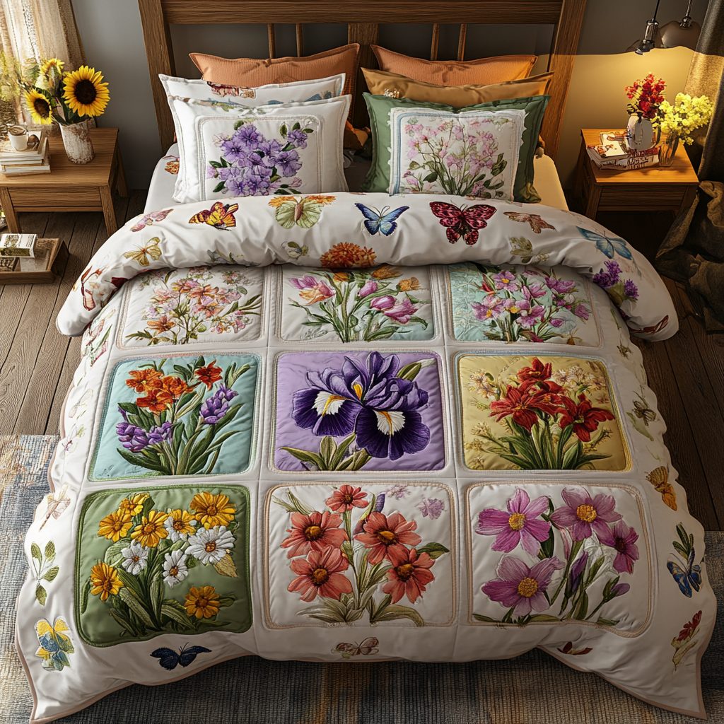 Enchanted Garden quilted 3-piece bedding set on a made bed with two matching pillow shams