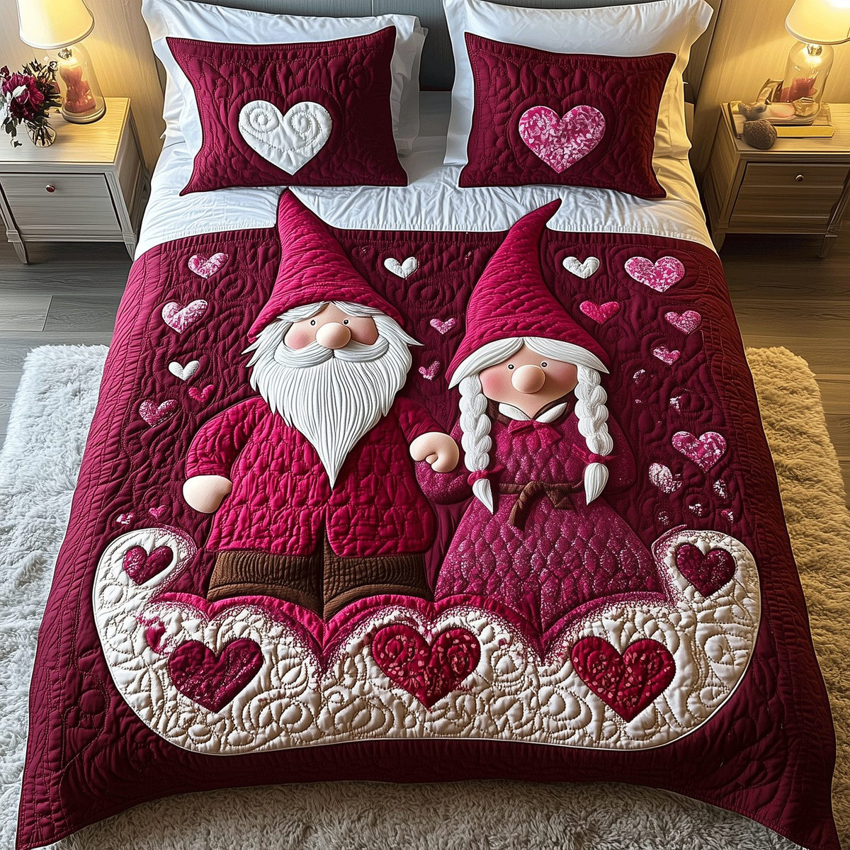 Enchanted Hearts quilted 3-piece bedding set on a made bed with two matching pillow shams