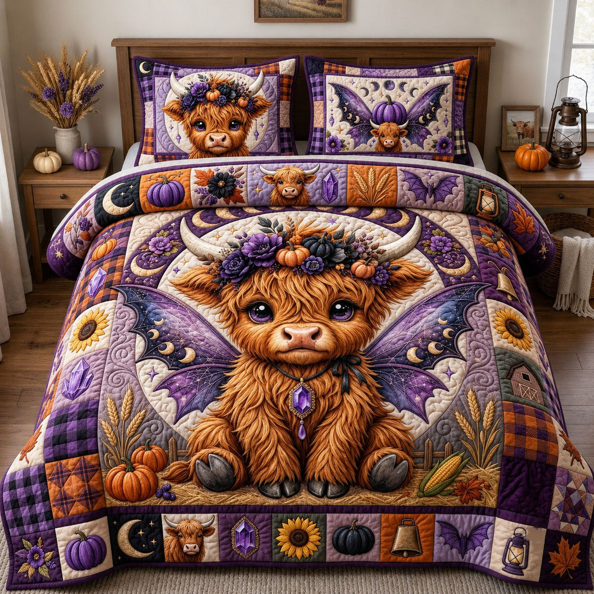 Enchanted Highland Cow quilted 3-piece bedding set on a made bed with two matching pillow shams