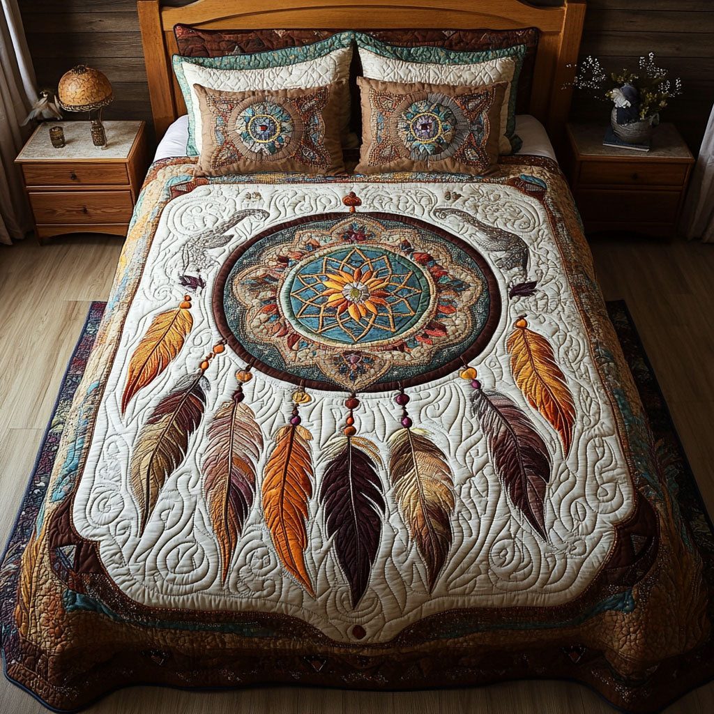 Enchanted Horizon quilted 3-piece bedding set on a made bed with two matching pillow shams
