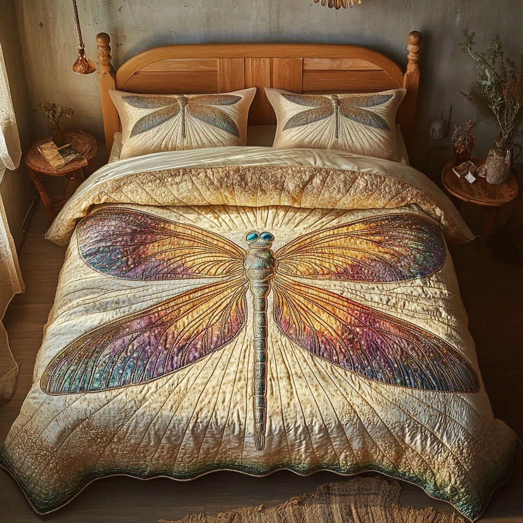 Enchanted Meadow quilted 3-piece bedding set on a made bed with two matching pillow shams
