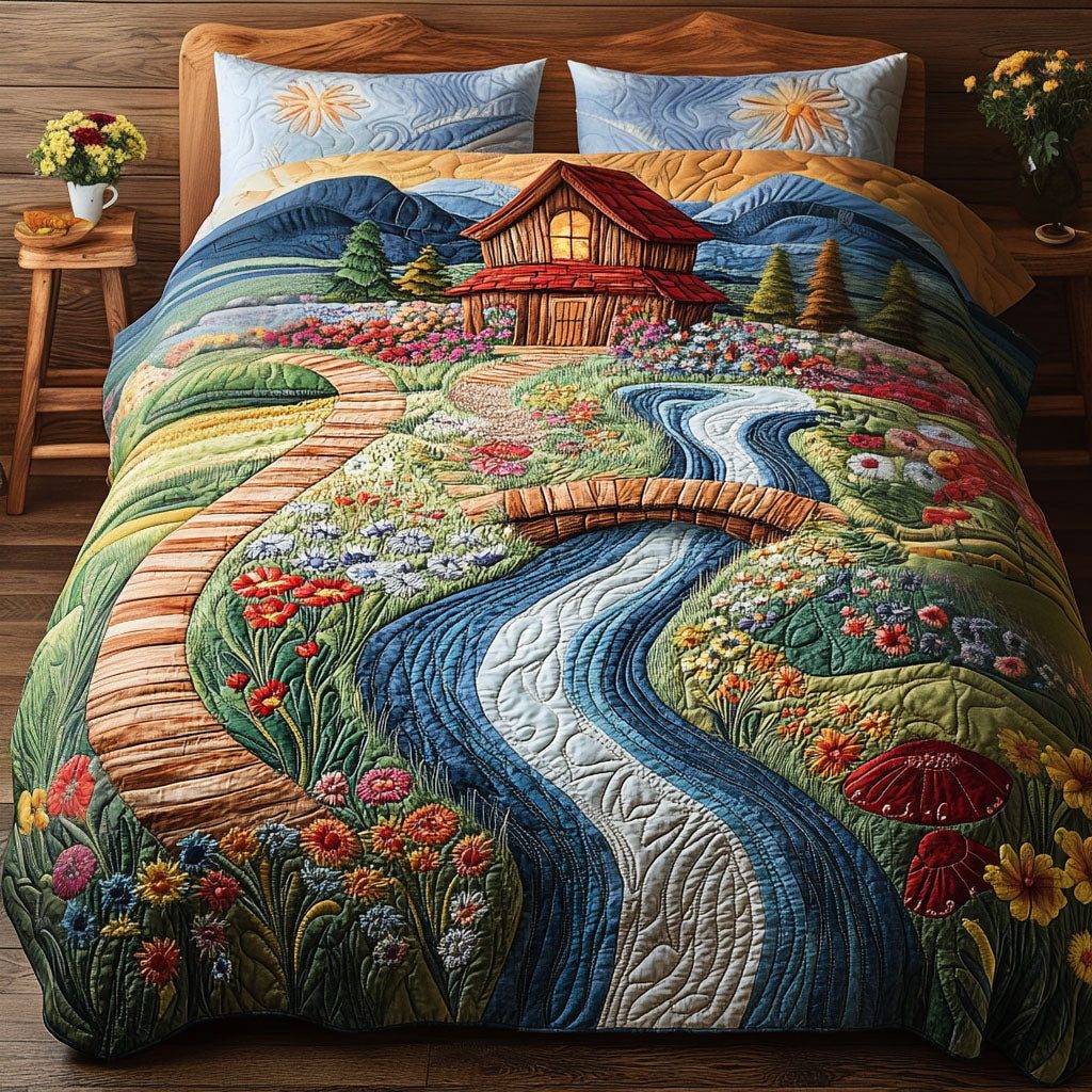 Enchanted Meadows quilted 3-piece bedding set on a made bed with two matching pillow shams