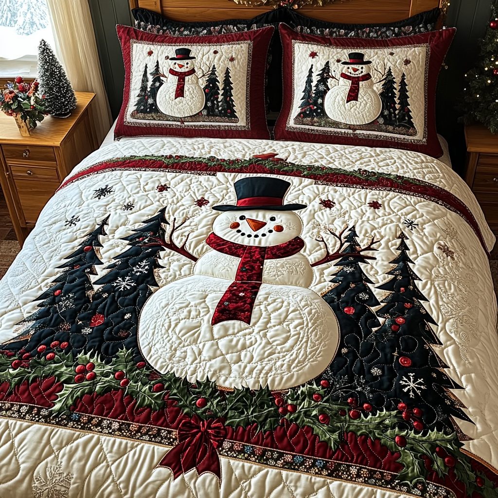 Enchanted Noel quilted 3-piece bedding set on a made bed in a winter-styled bedroom