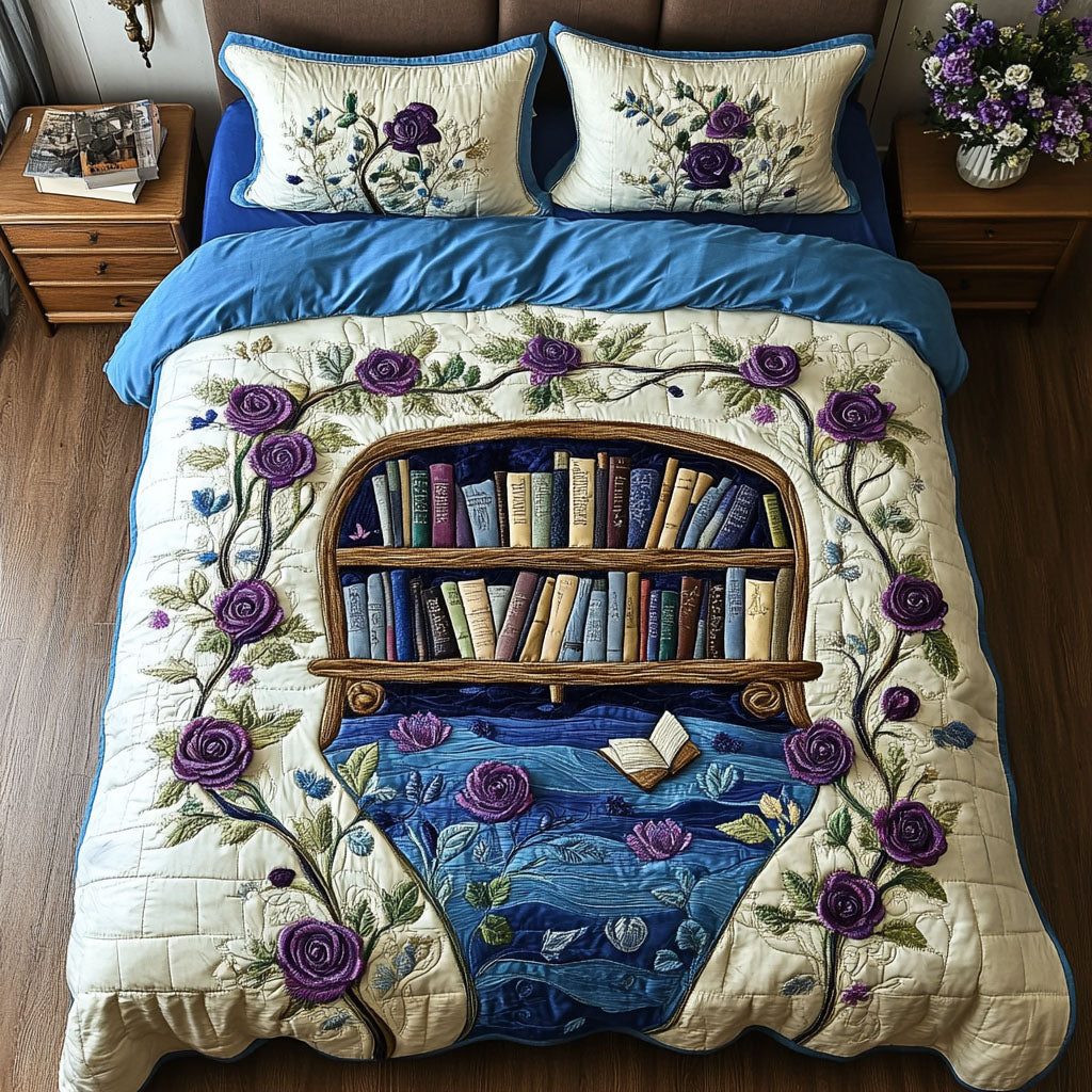 Enchanted Pages quilted 3-piece bedding set on a made bed with two matching pillow shams