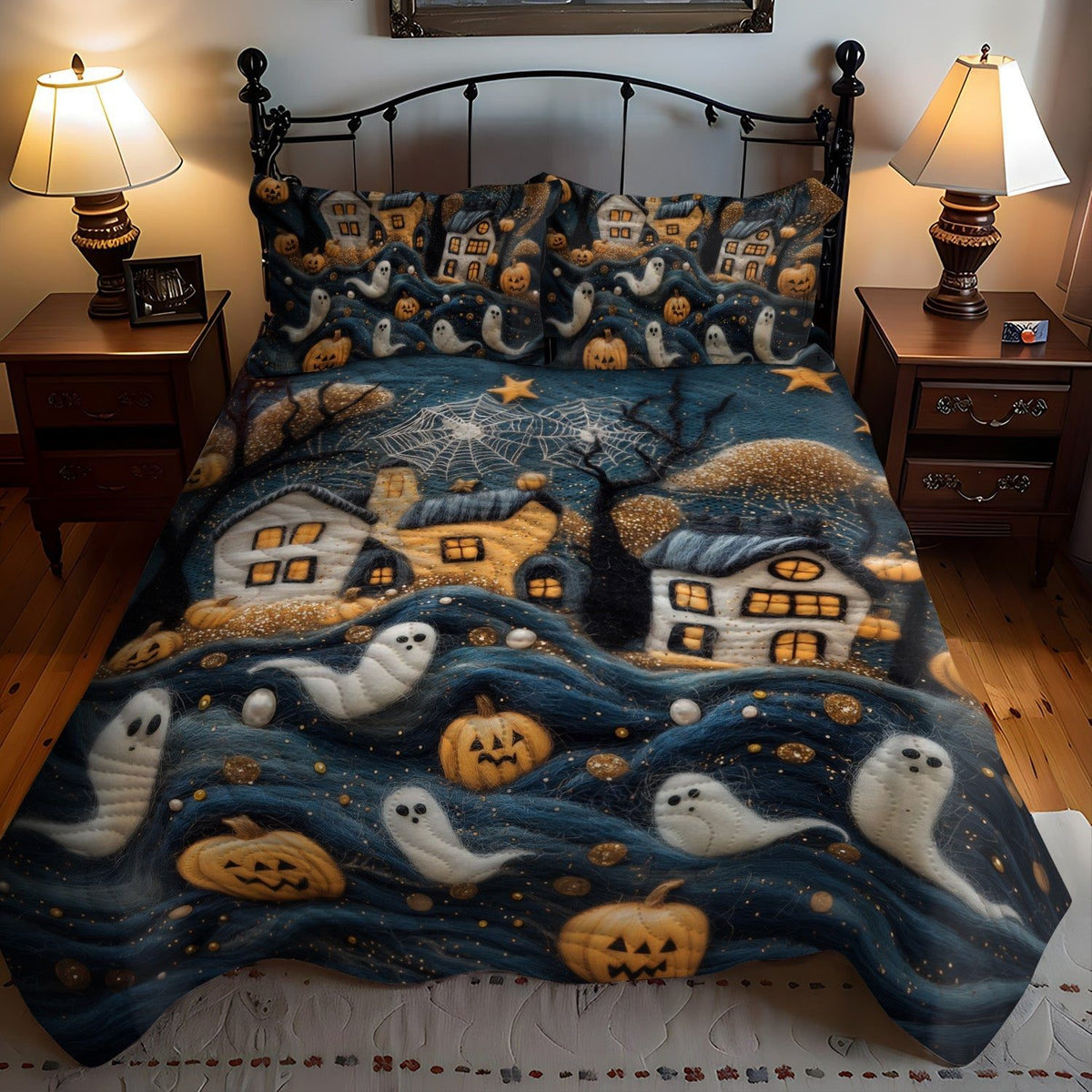 Enchanted Shadows quilted 3-piece bedding set on a made bed with two matching pillow shams