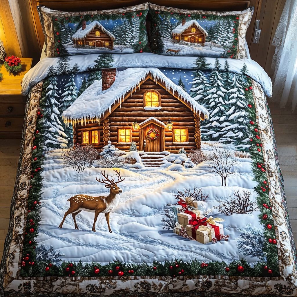 Enchanted Snowfall quilted 3-piece bedding set on a made bed with two matching pillow shams