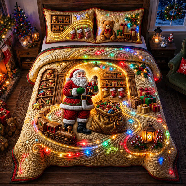 Enchanted Toy Workshop quilted 3-piece bedding set on a made bed with two matching pillow shams