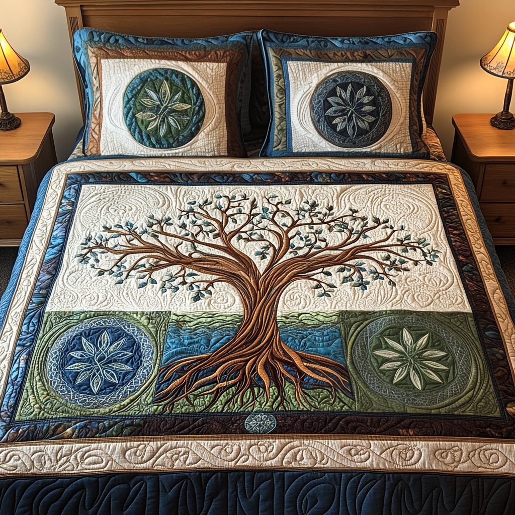 Enchanted Tree quilted 3-piece bedding set on a made bed with two matching pillow shams