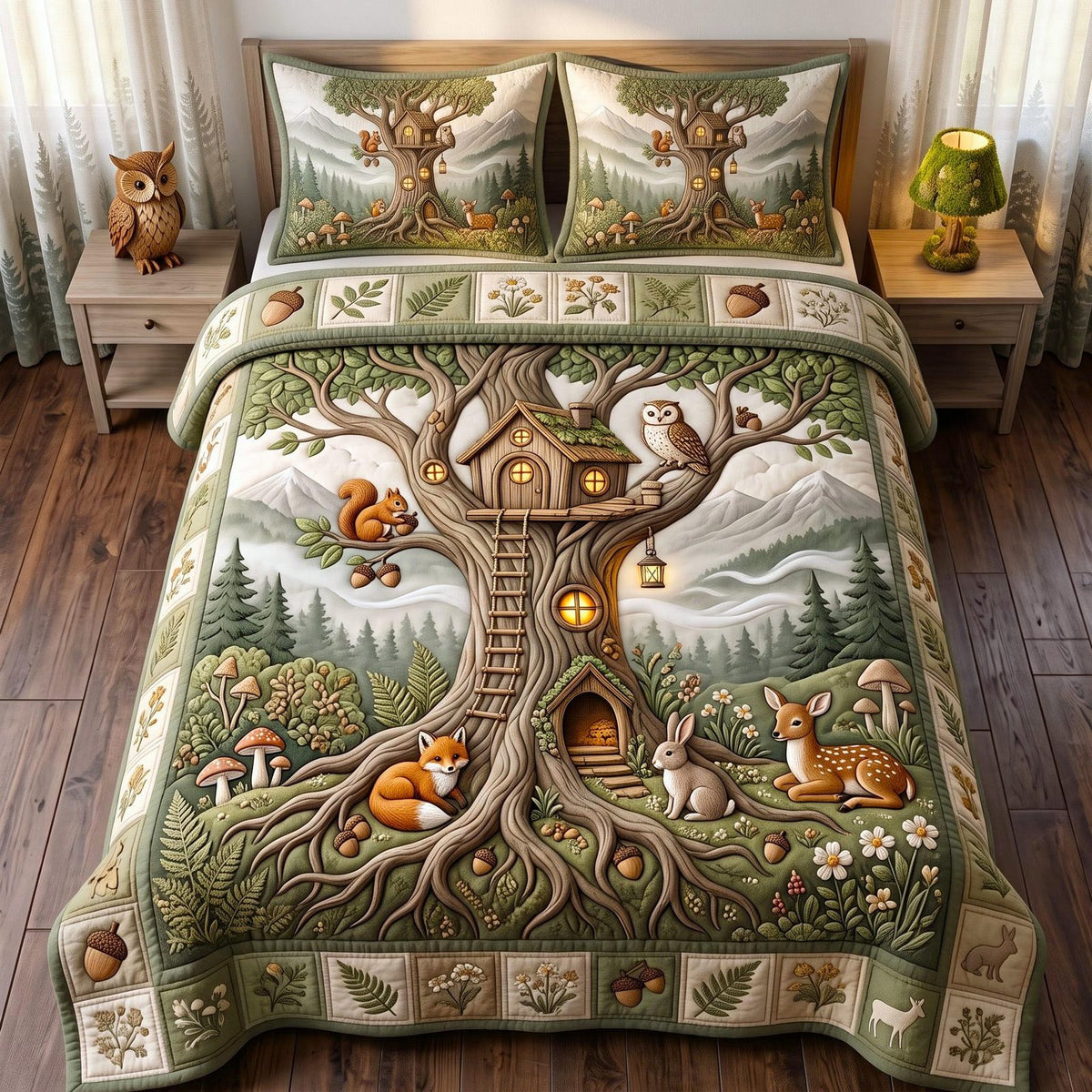 Enchanted Woodland quilted 3-piece bedding set on a made bed with two matching pillow shams