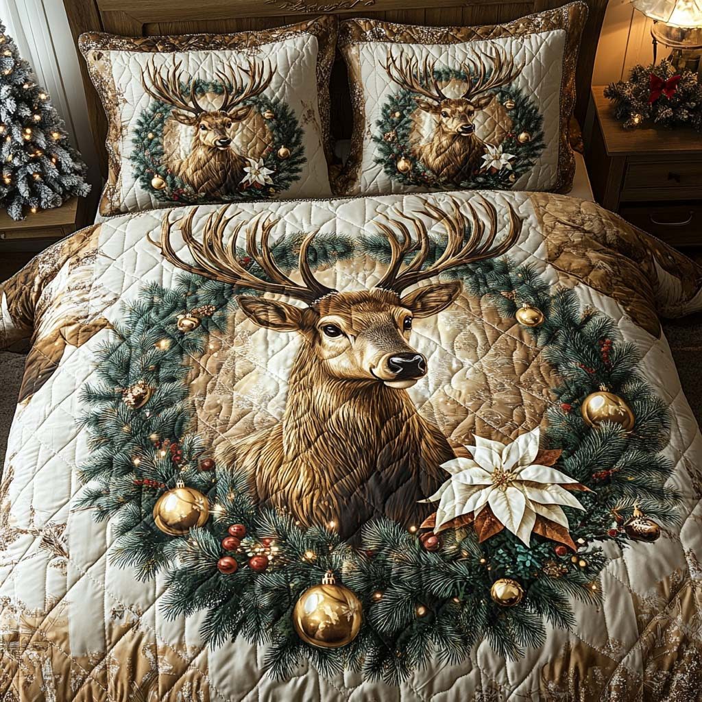 Enchanted Yuletide Deer quilted 3-piece bedding set on a made bed with two matching pillow shams