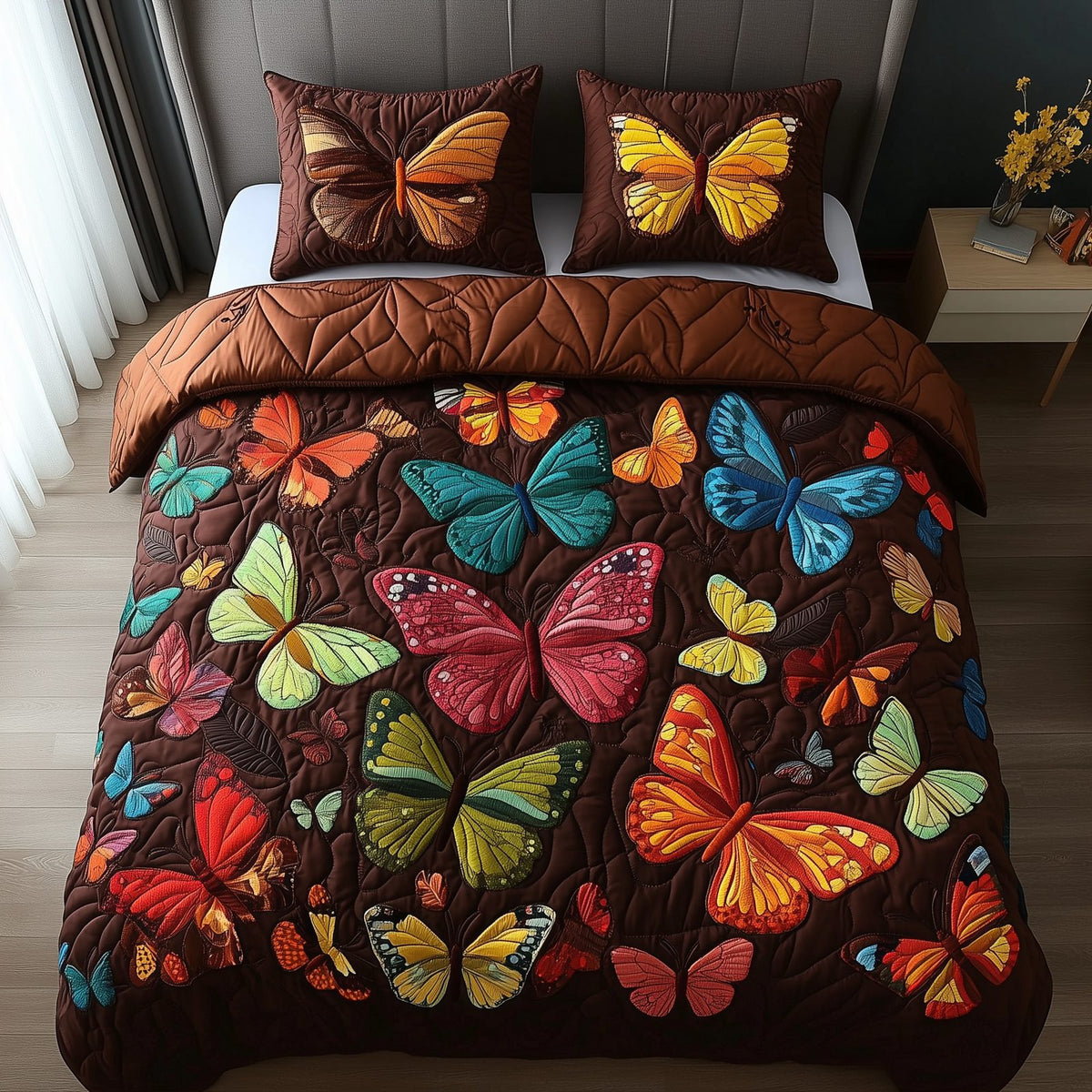 Enchanting Butterflies quilted 3-piece bedding set on a made bed with two matching pillow shams