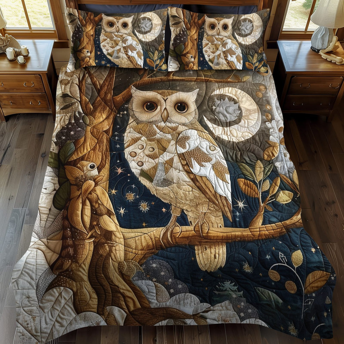 Enchanting Owl quilted 3-piece bedding set on a made bed with two matching pillow shams