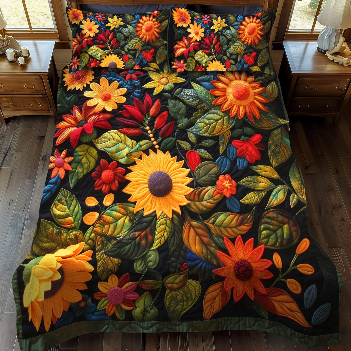 Enchanting Sunflowers quilted 3-piece bedding set on a made bed with two matching pillow shams