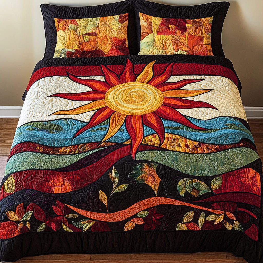 Endless Light quilted 3-piece bedding set on a made bed with two matching pillow shams