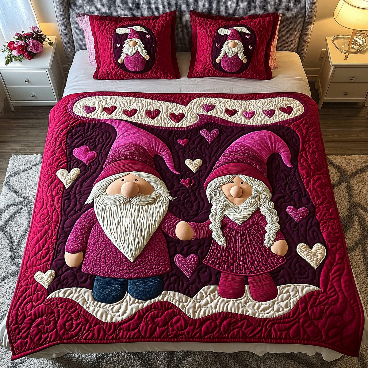 Endless Love Story quilted 3-piece bedding set on a made bed with two matching pillow shams