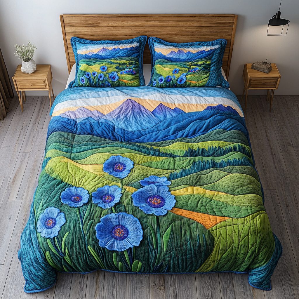 Endless Vista quilted 3-piece bedding set on a made bed with two matching pillow shams