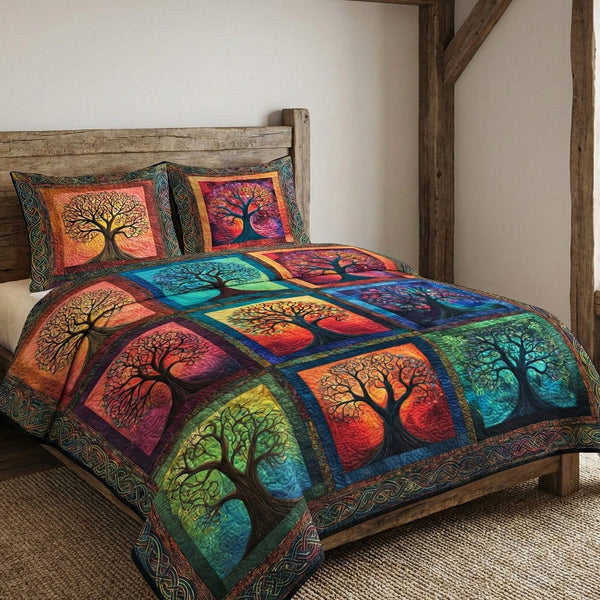 Enduring Roots quilted 3-piece bedding set on a made bed with two matching pillow shams