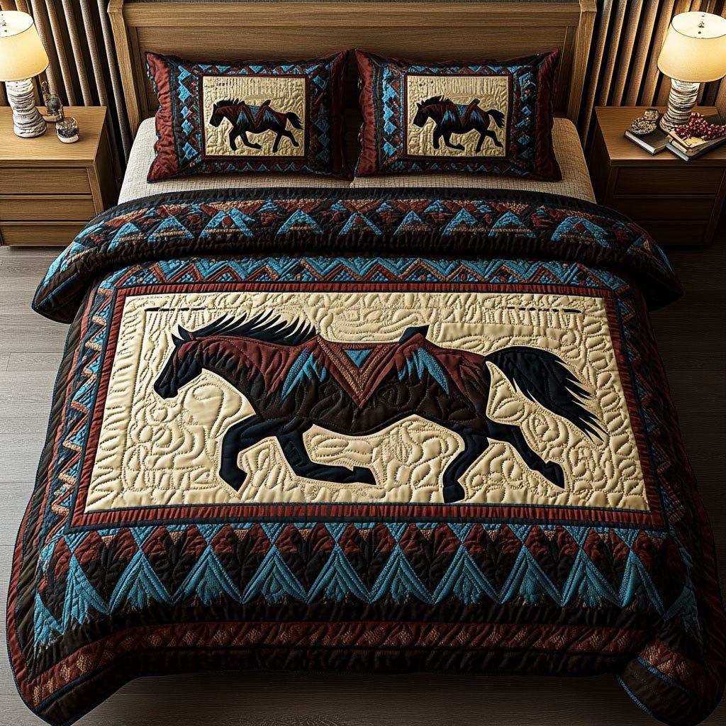 Equestrian Dreams quilted 3-piece bedding set on a made bed in a rustic timber bedroom