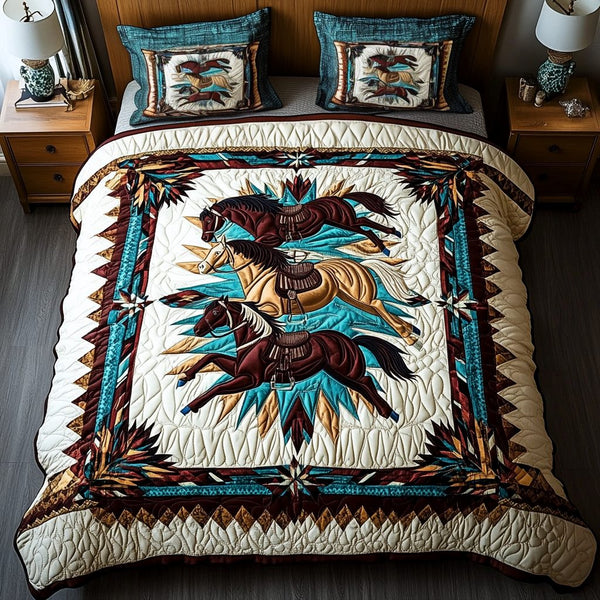 Equestrian Elegance quilted 3-piece bedding set on a made bed in a rustic timber bedroom