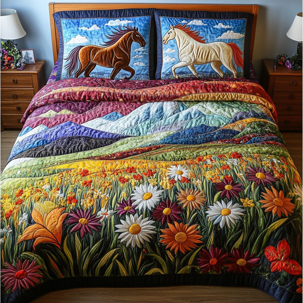 Equestrian Vibes quilted 3-piece bedding set on a made bed in a rustic timber bedroom