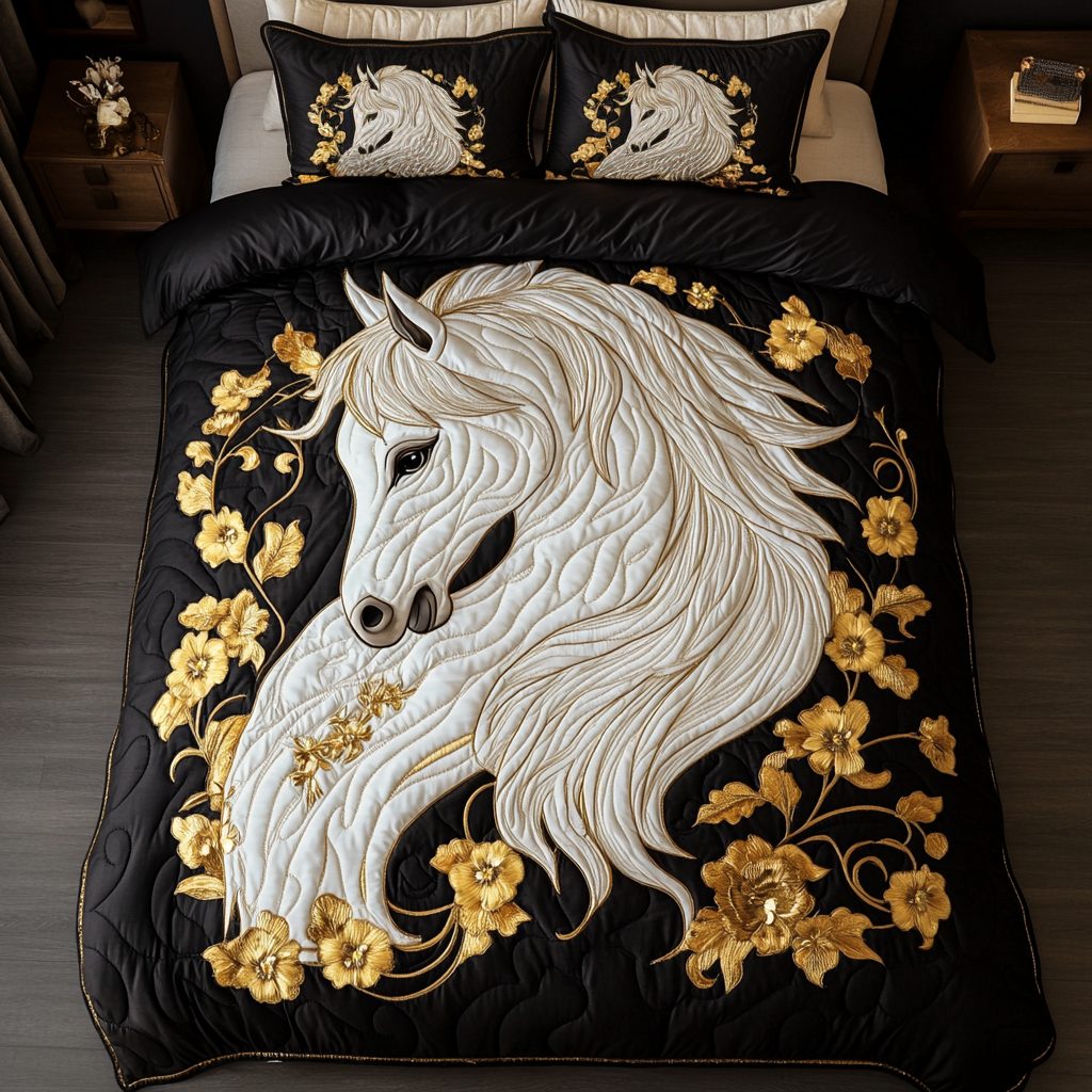 Equine Elegance quilted 3-piece bedding set on a made bed with two matching pillow shams