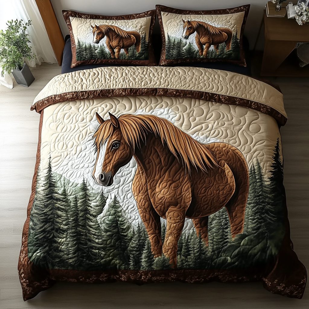 Equine Grace quilted 3-piece bedding set on a made bed with two matching pillow shams