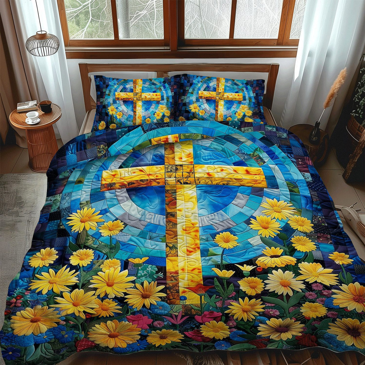 Eternal Bloom quilted 3-piece bedding set on a made bed with two matching pillow shams