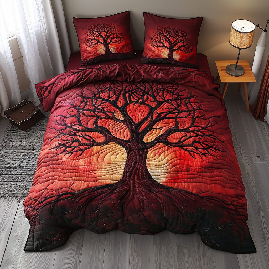 Eternal Branches quilted 3-piece bedding set on a made bed in a rustic timber bedroom