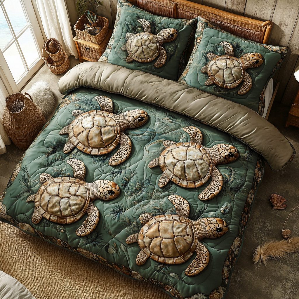 Eternal Currents quilted 3-piece bedding set on a made bed with two matching pillow shams