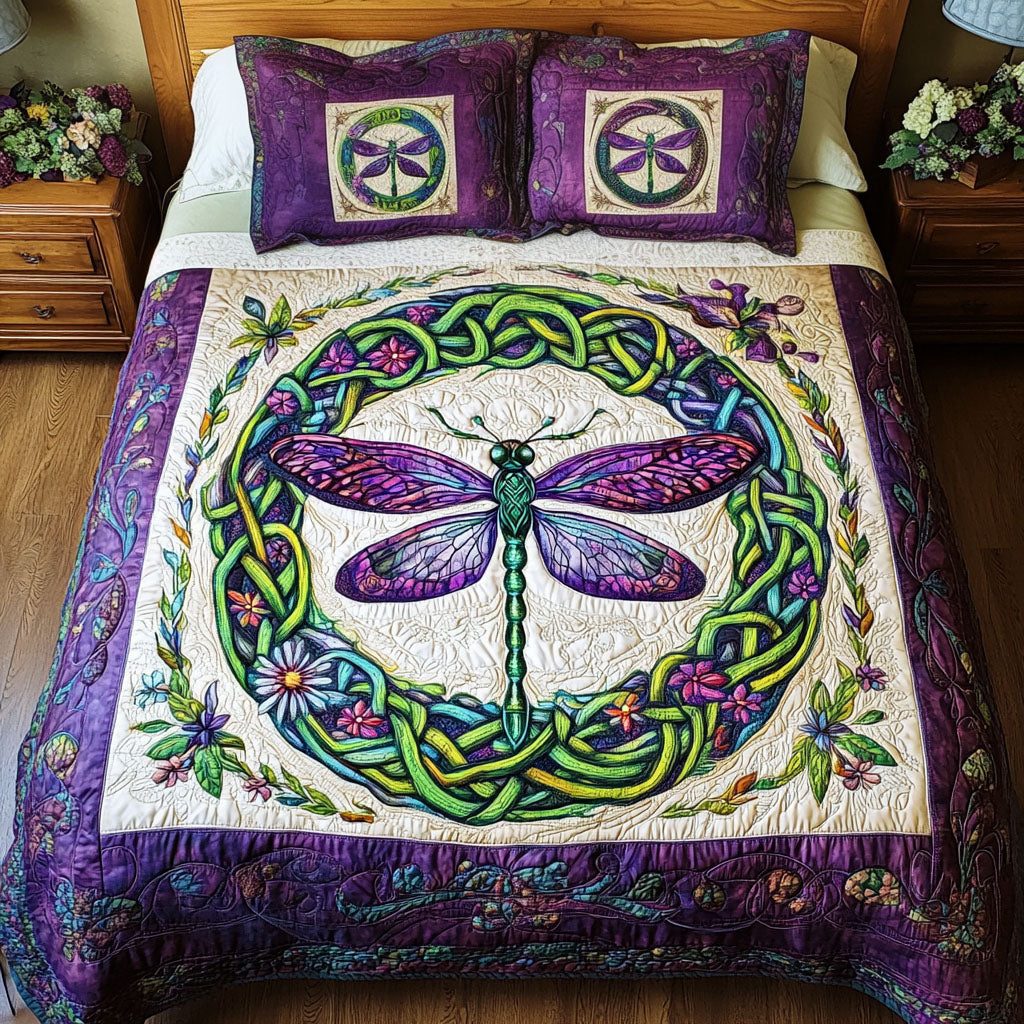 Eternal Flight quilted 3-piece bedding set on a made bed with two matching pillow shams