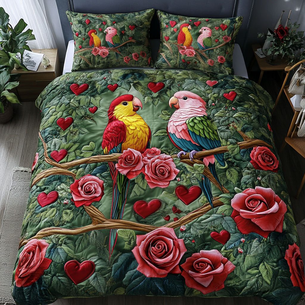 Eternal Flock quilted 3-piece bedding set on a made bed with two matching pillow shams