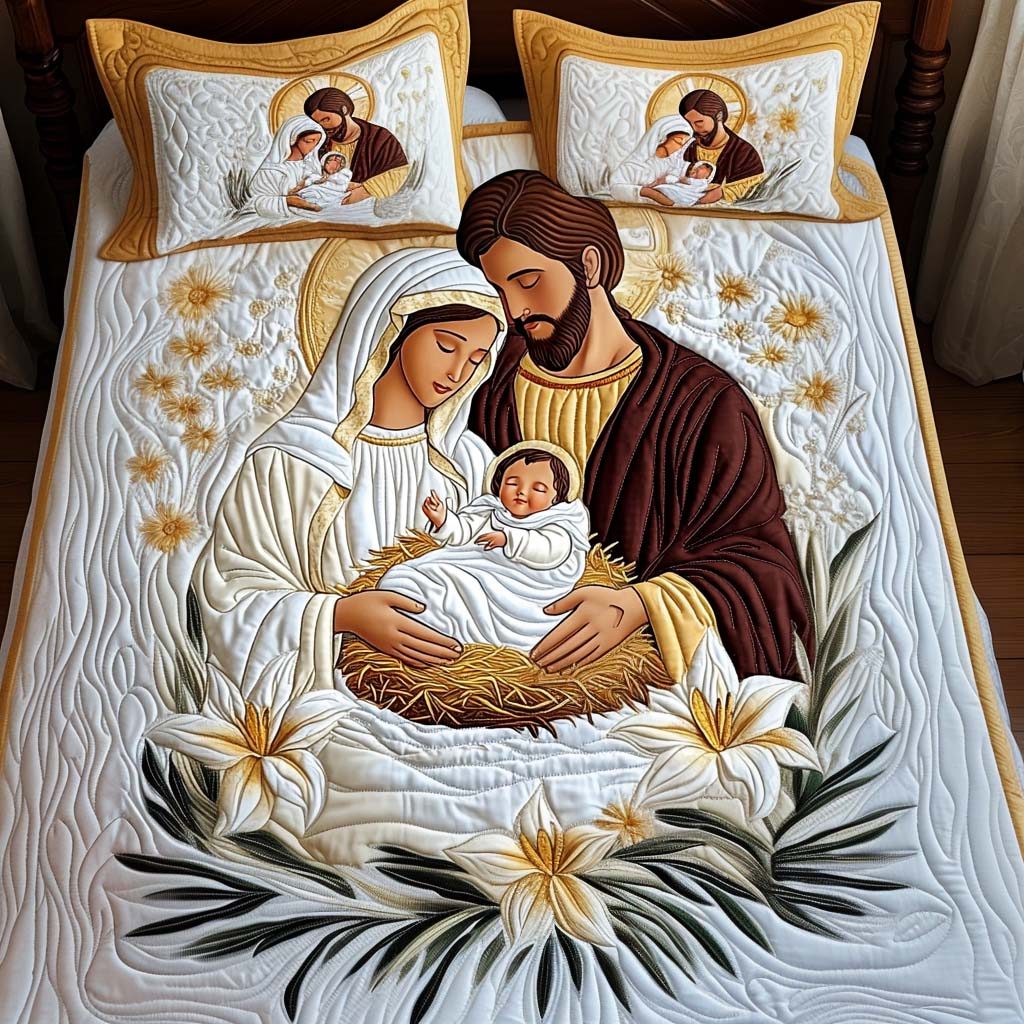Eternal Grace quilted 3-piece bedding set on a made bed with two matching pillow shams