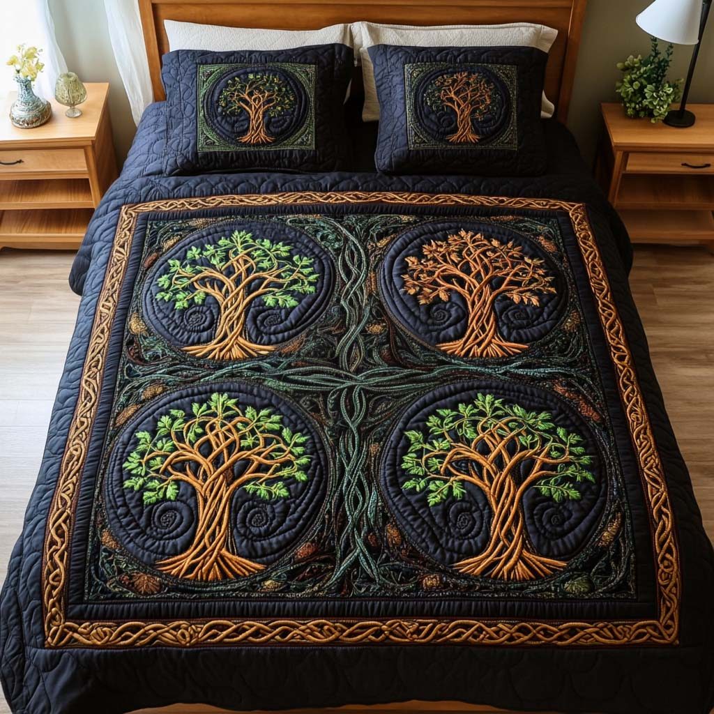 Eternal Growth quilted 3-piece bedding set on a made bed with two matching pillow shams