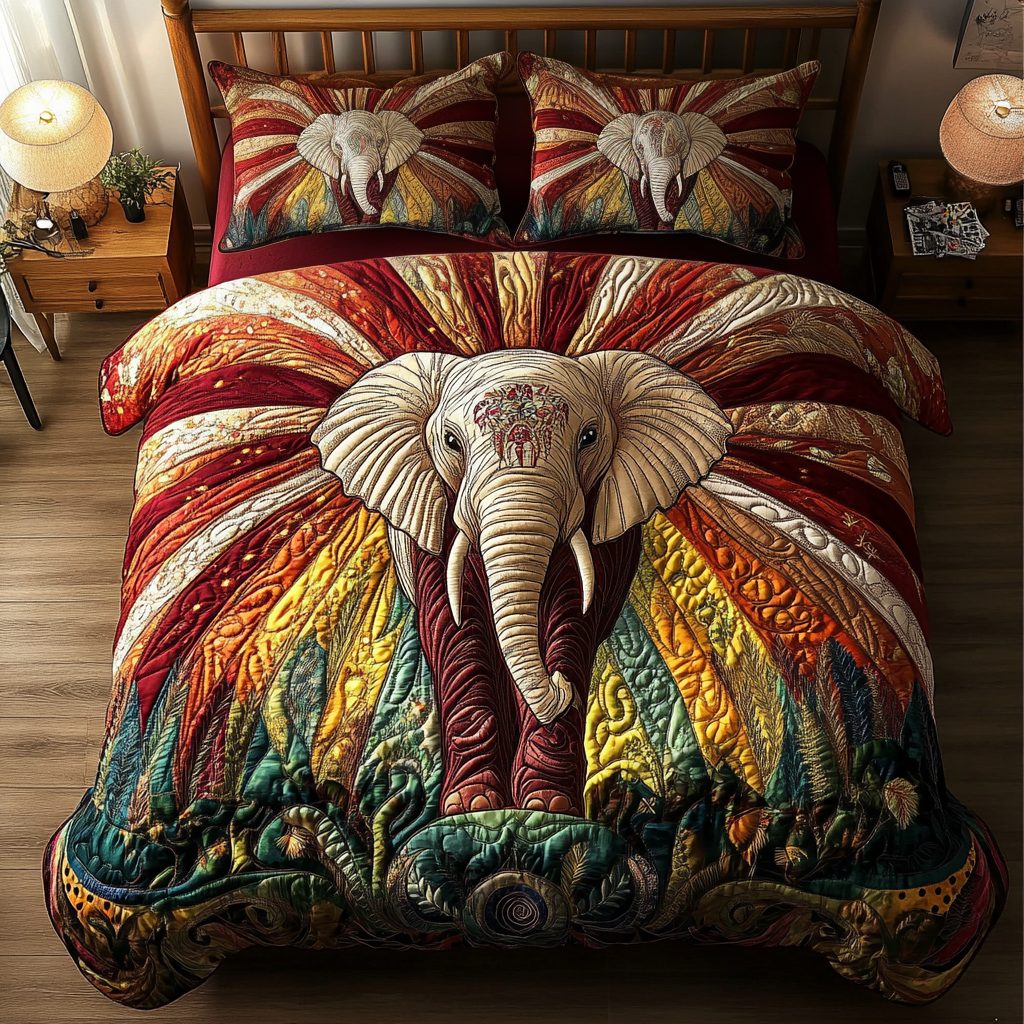 Eternal Journey quilted 3-piece bedding set on a made bed with two matching pillow shams