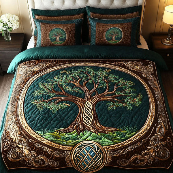 Eternal Knots quilted 3-piece bedding set on a made bed with two matching pillow shams