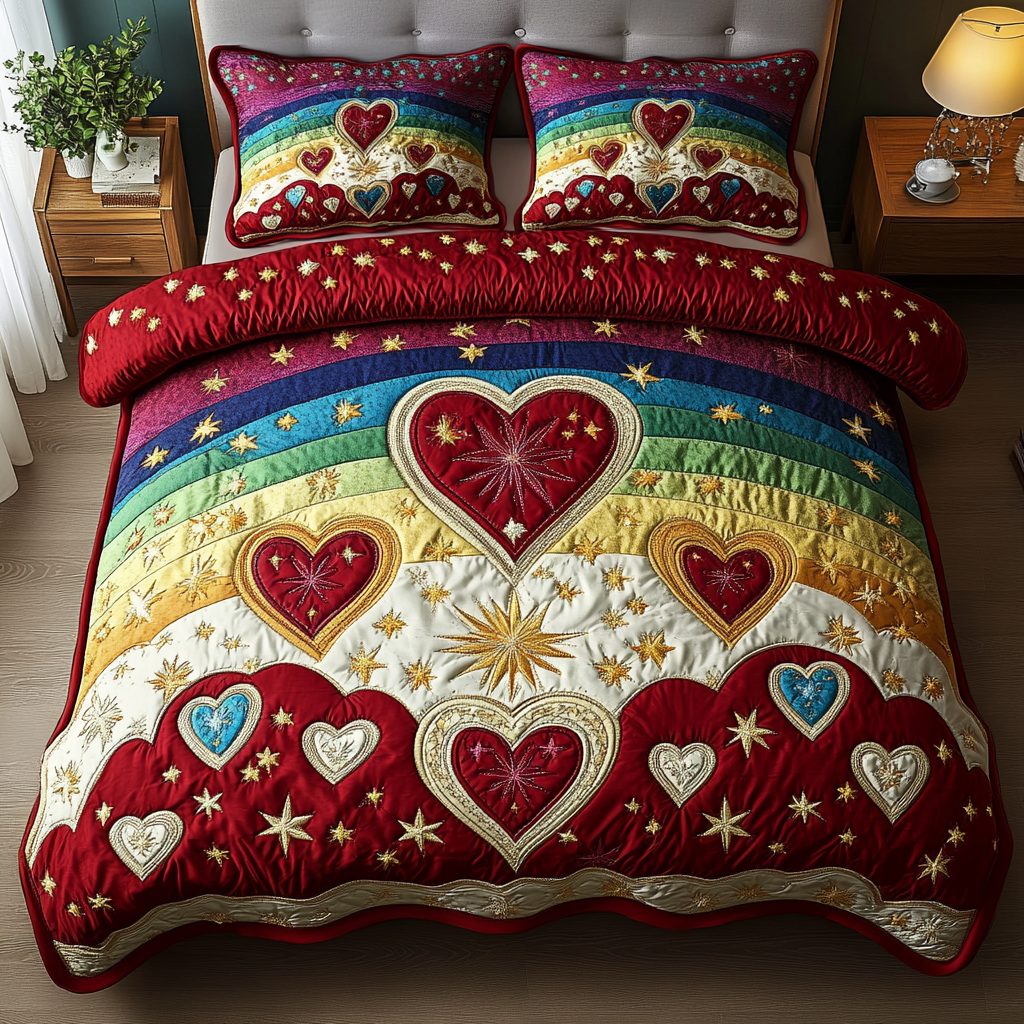 Eternal Love quilted 3-piece bedding set on a made bed with two matching pillow shams