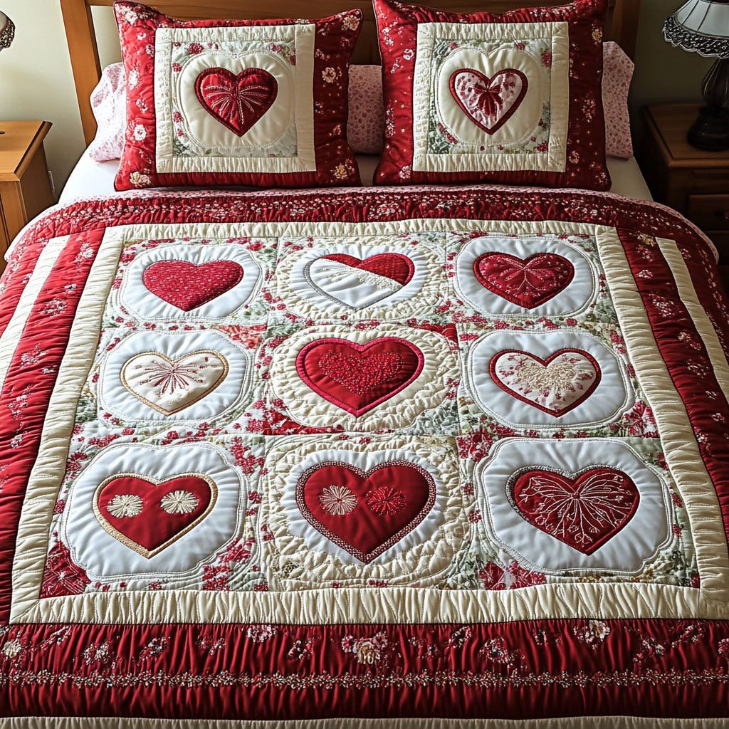 Eternal Love quilted 3-piece bedding set on a made bed with two matching pillow shams