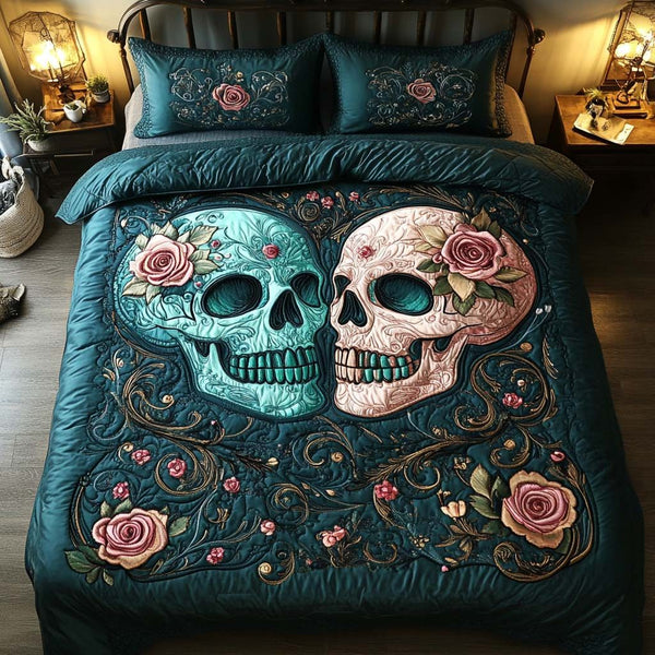 Eternal Love quilted 3-piece bedding set on a made bed with two matching pillow shams
