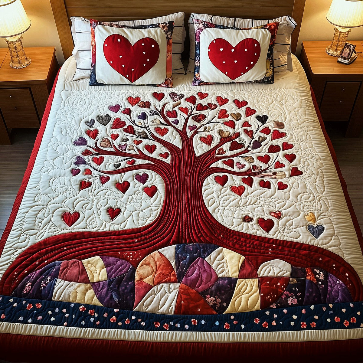 Eternal Love Tree quilted 3-piece bedding set on a made bed with two matching pillow shams