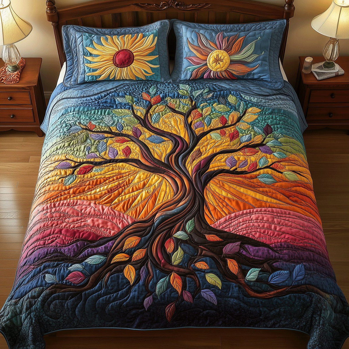 Eternal Roots quilted 3-piece bedding set on a made bed with two matching pillow shams