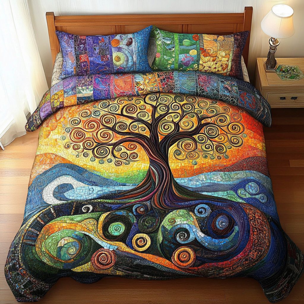 Eternal Roots quilted 3-piece bedding set on a made bed with two matching pillow shams