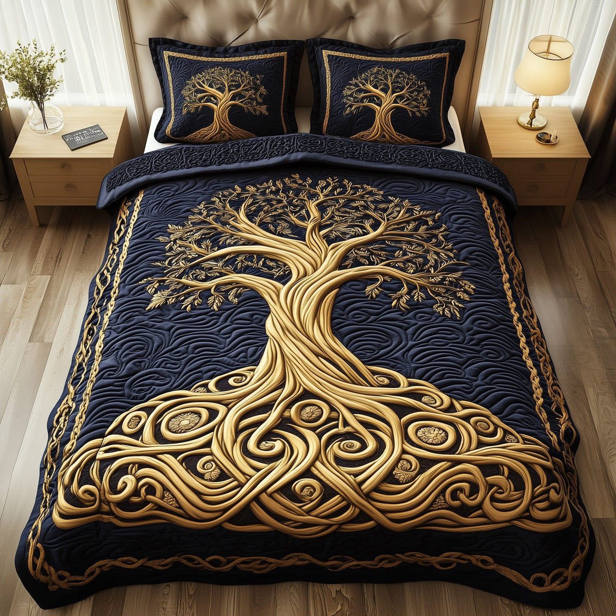 Eternal Tree Of Life quilted 3-piece bedding set on a made bed with two matching pillow shams