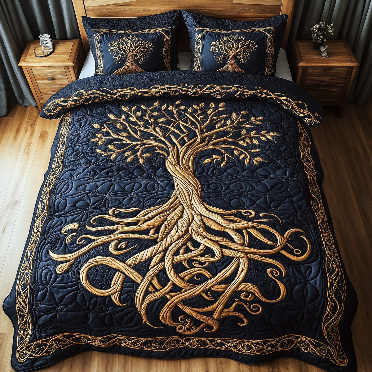 Eternal Tree Of Life quilted 3-piece bedding set on a made bed with two matching pillow shams