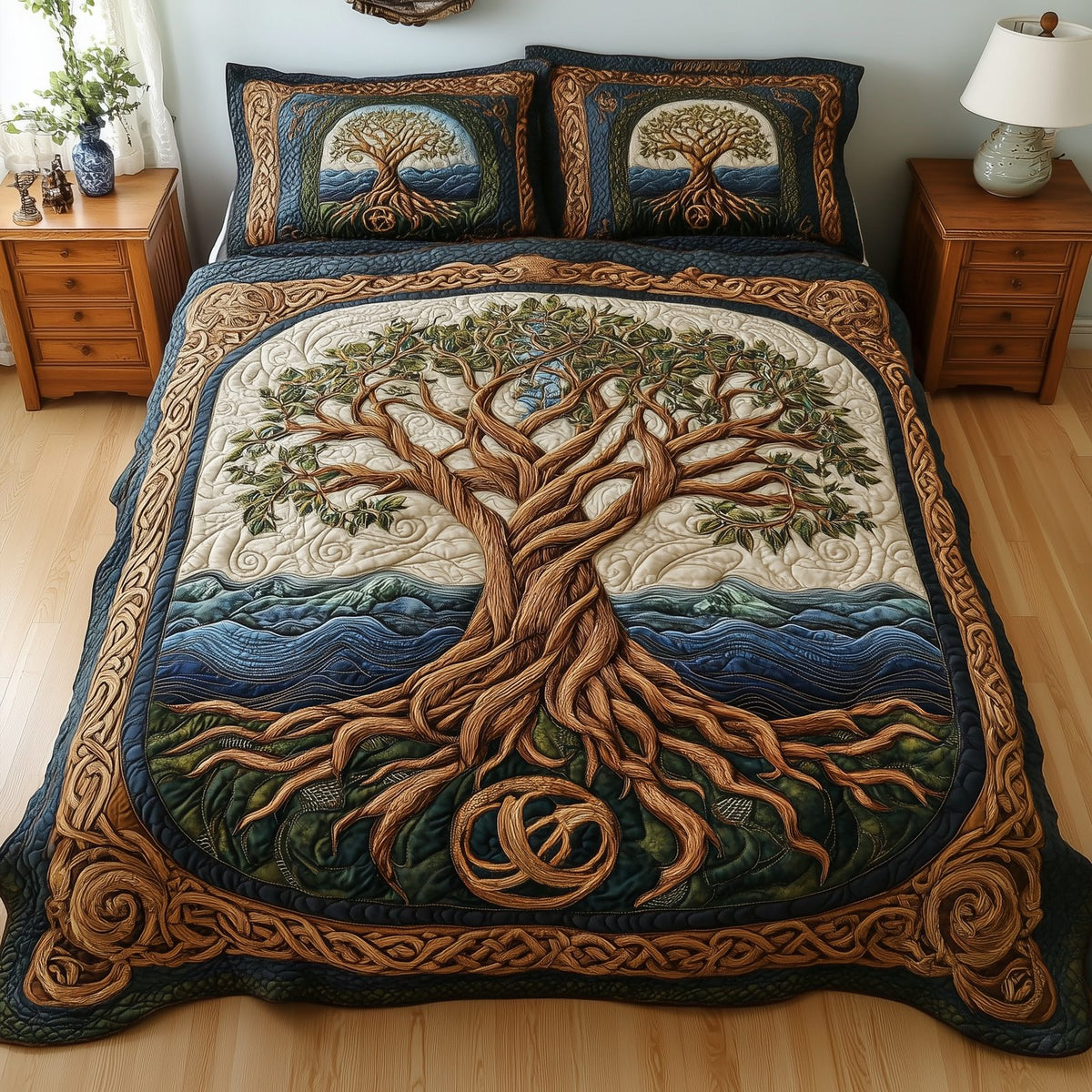 Eternal Tree Of Life quilted 3-piece bedding set on a made bed with two matching pillow shams