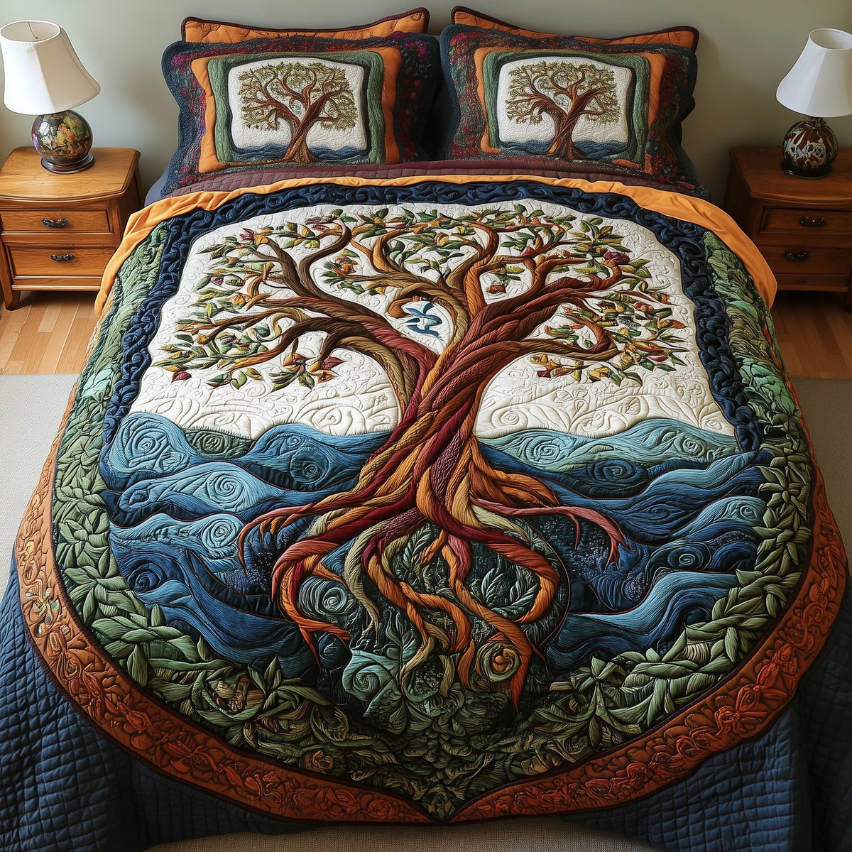 Eternal Tree Of Life quilted 3-piece bedding set on a made bed with two matching pillow shams