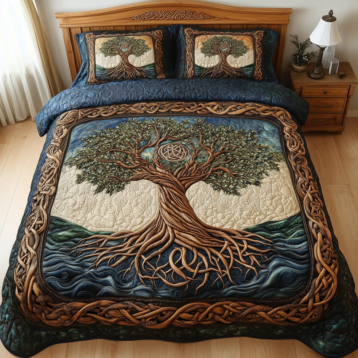 Eternal Tree Of Life quilted 3-piece bedding set on a made bed with two matching pillow shams